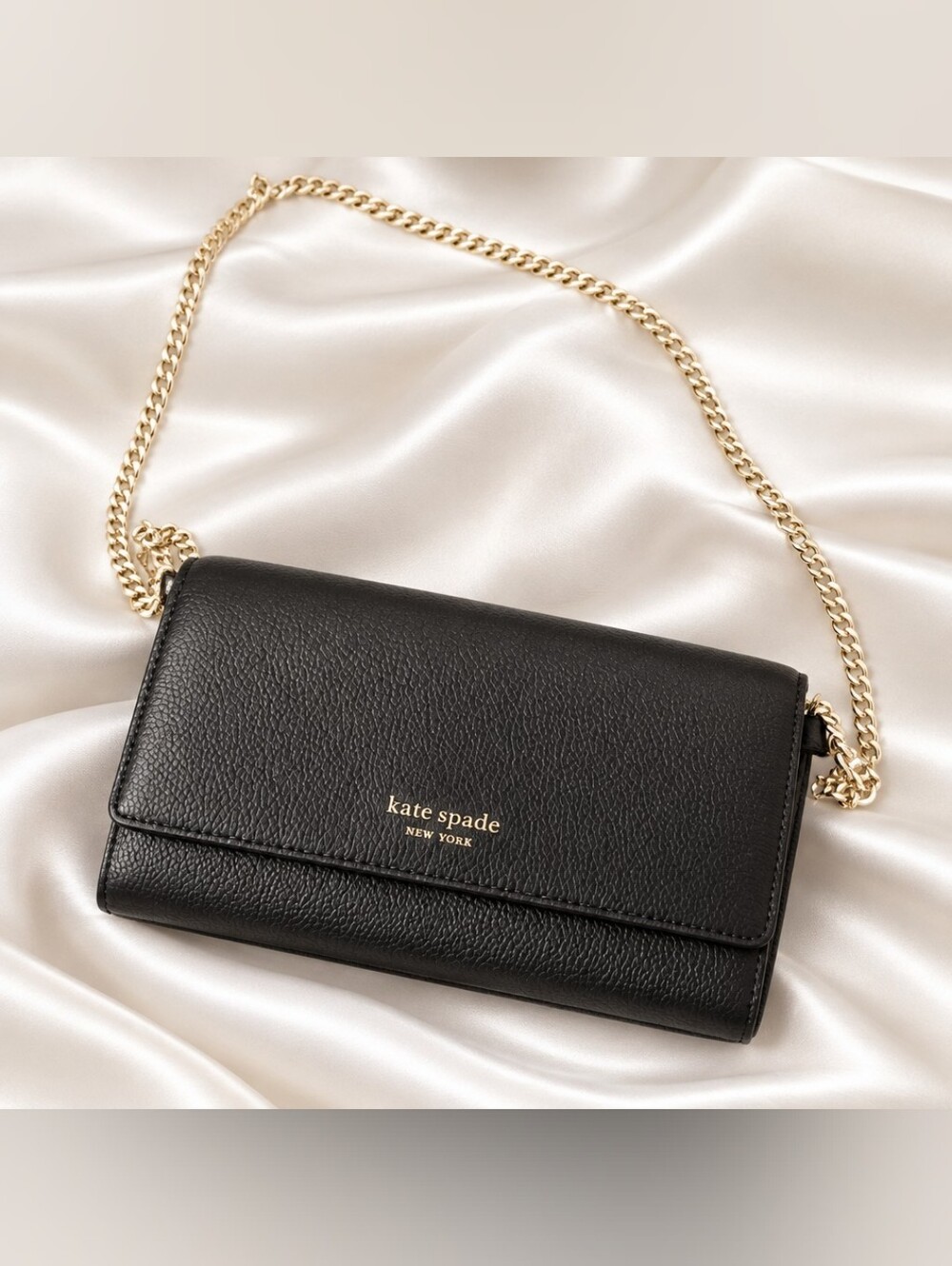 kate spade Black Leather Wallet Crossbody with Silver Chain